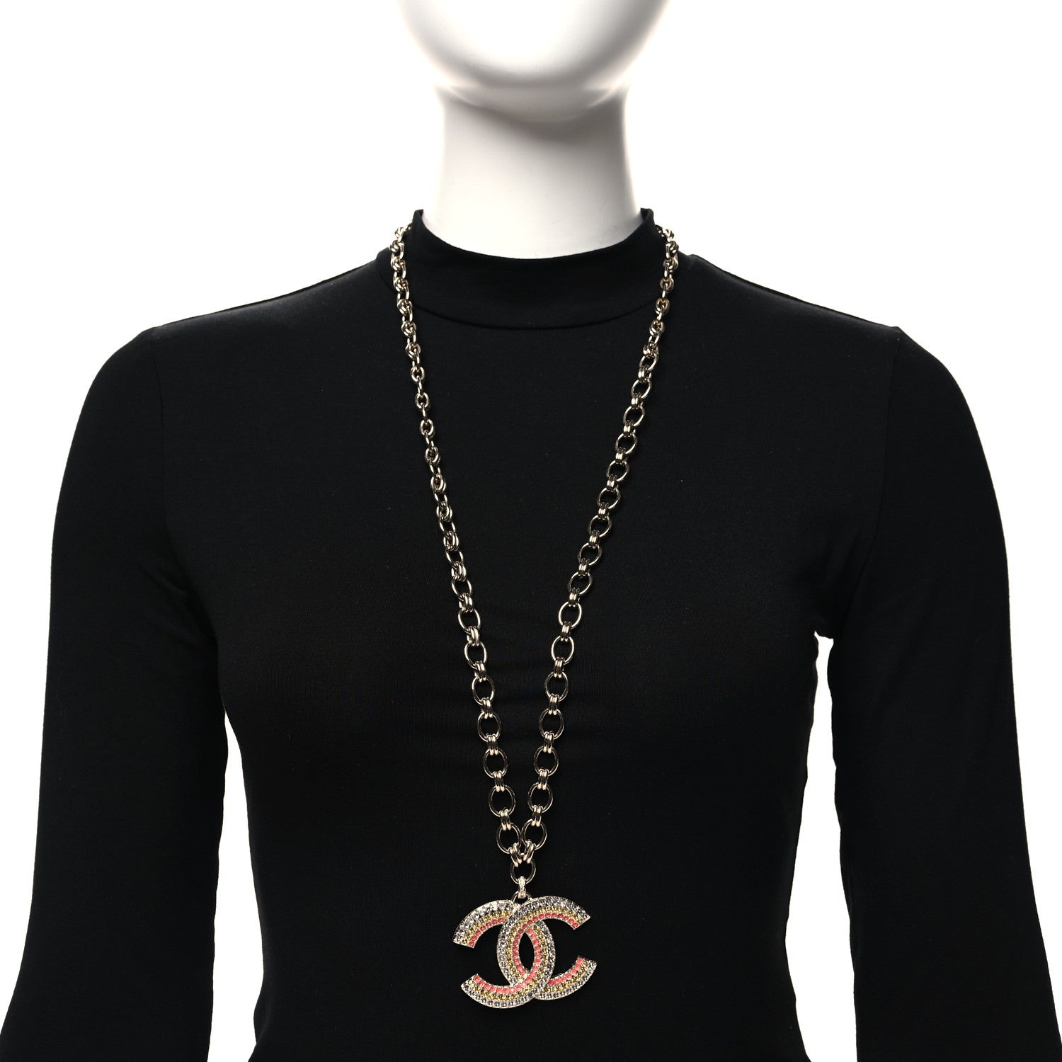 Chanel Crystal CC Long Pendant Necklace Gold Pink Yellow Blue 2 of 5