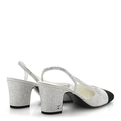Chanel Strass Grosgrain Cap Toe CC Slingback Pumps 37.5 Silver Black 5 of 10