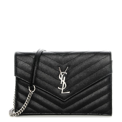 Saint Laurent Grain De Poudre Matelasse Chevron Monogram Envelope Chain Wallet Black 1 of 7