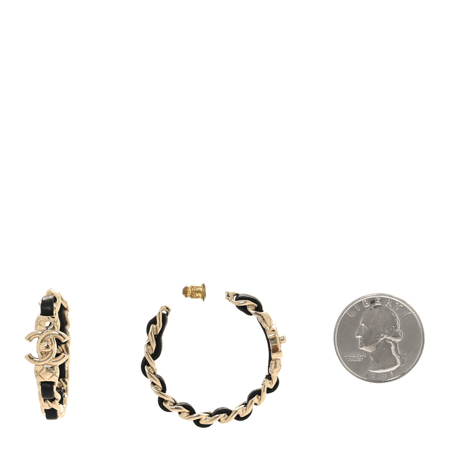 Metal Lambskin Quilted CC Turnlock Chain Hoop Earrings Gold Black