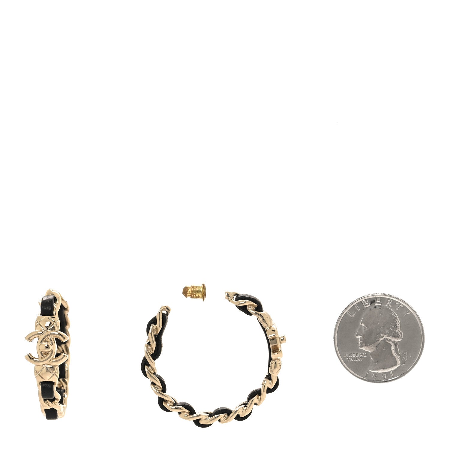 Chanel Metal Lambskin Quilted CC Turnlock Chain Hoop Earrings Gold Black 2 of 5