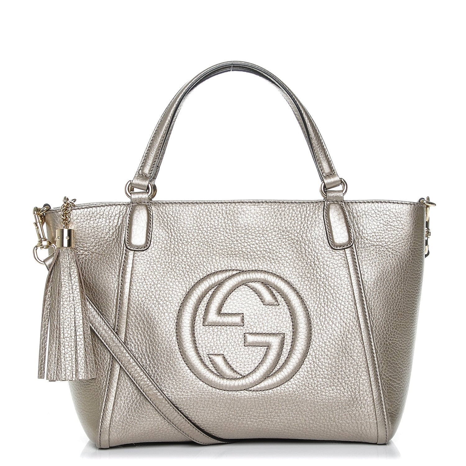 Gucci Metallic Pebbled Calfskin Small Soho Top Handle Bag Golden Beige 1 of 7