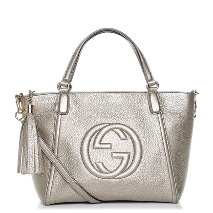 Gucci Metallic Pebbled Calfskin Small Soho Top Handle Bag Golden Beige 1 of 7