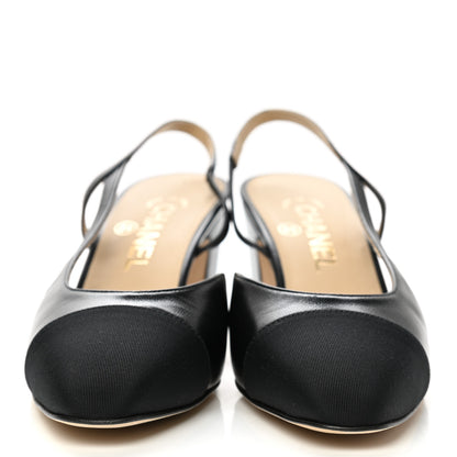 Chanel Goatskin Grosgrain Cap Toe CC Slingback Sandals 38 Black 2 of 9