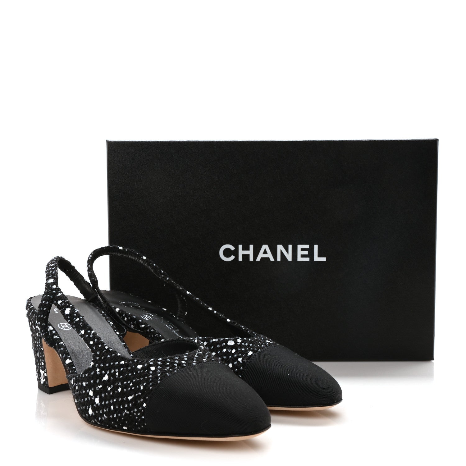 Chanel Tweed Grosgrain Cap Toe CC Slingback Pumps 37 Black White
