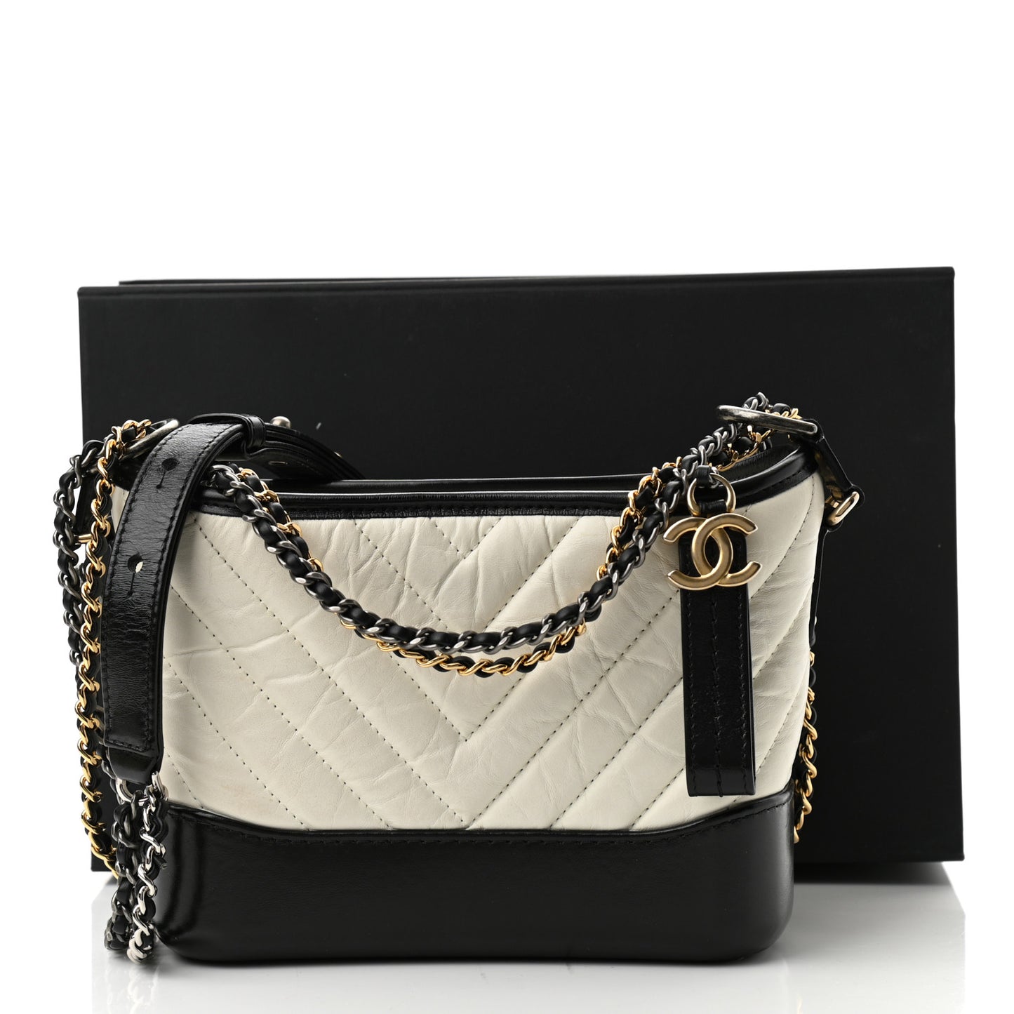 Aged Calfskin Chevron Quilted Small Gabrielle Hobo Black White