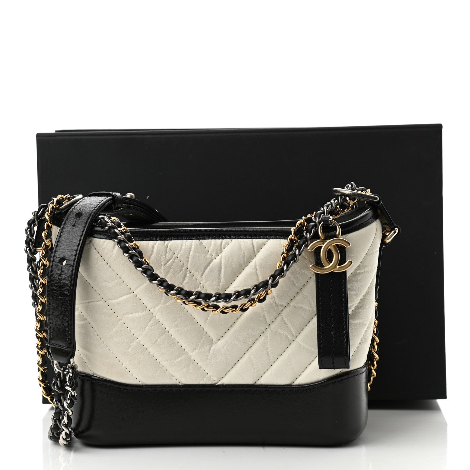 Chanel Aged Calfskin Chevron Quilted Small Gabrielle Hobo Black White 9 of 10