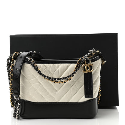Chanel Aged Calfskin Chevron Quilted Small Gabrielle Hobo Black White 9 of 10