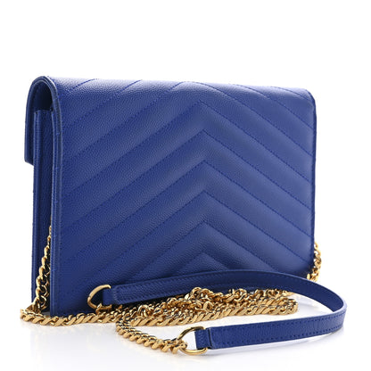 Saint Laurent Grain De Poudre Matelasse Chevron Monogram Envelope Chain Wallet Blue Majorelle 3 of 12