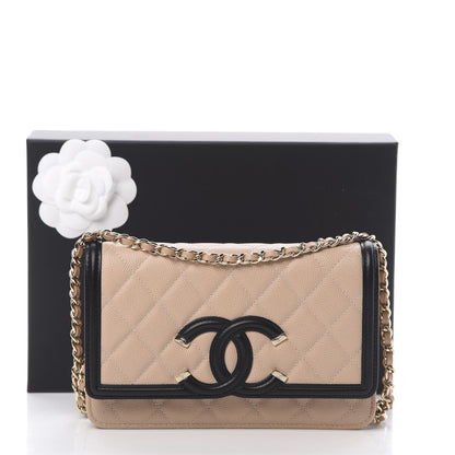 Chanel Caviar Quilted CC Filigree Wallet On Chain WOC Beige Black 12 of 12