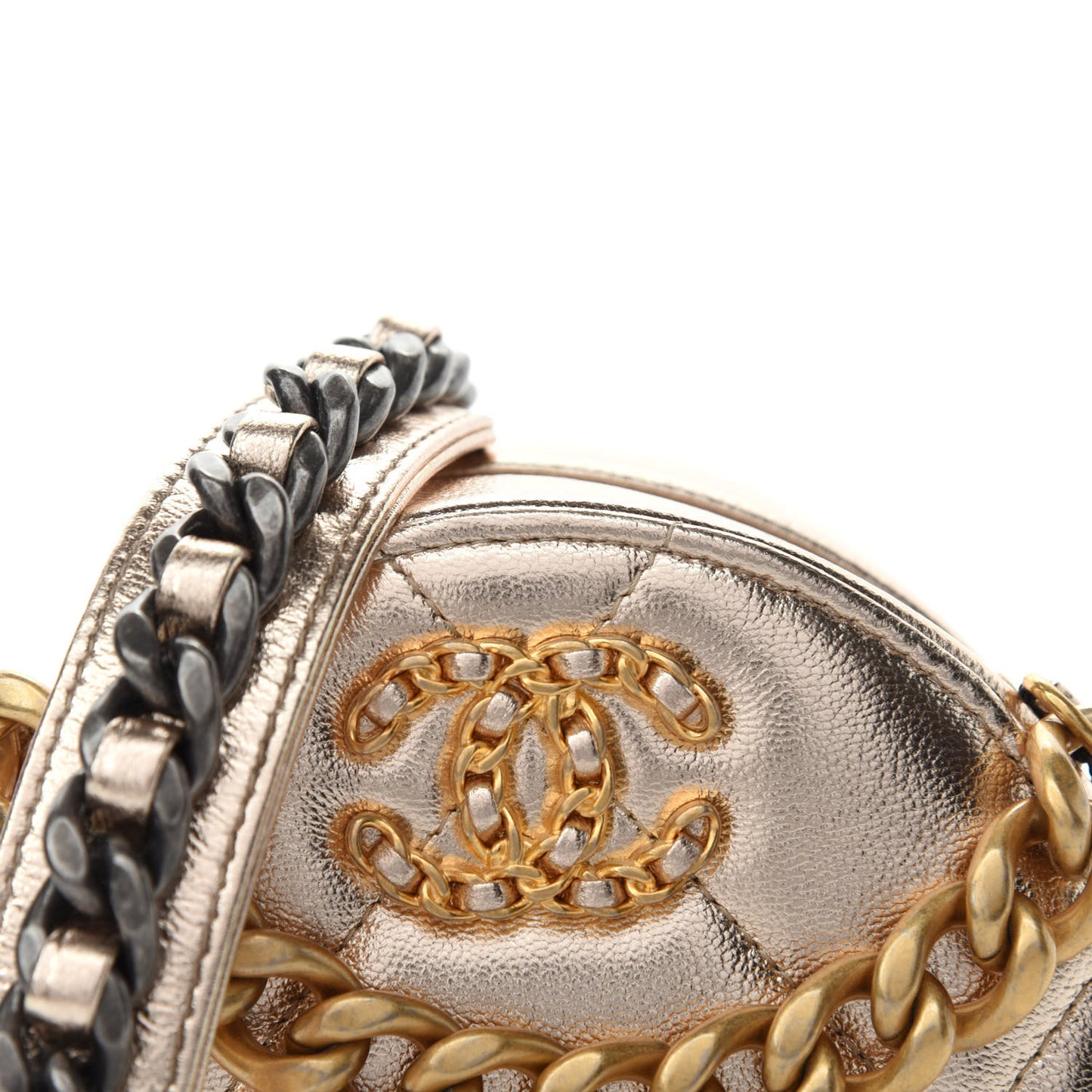 Metallic Lambskin Quilted Chanel 19 Round Clutch With Chain Gold