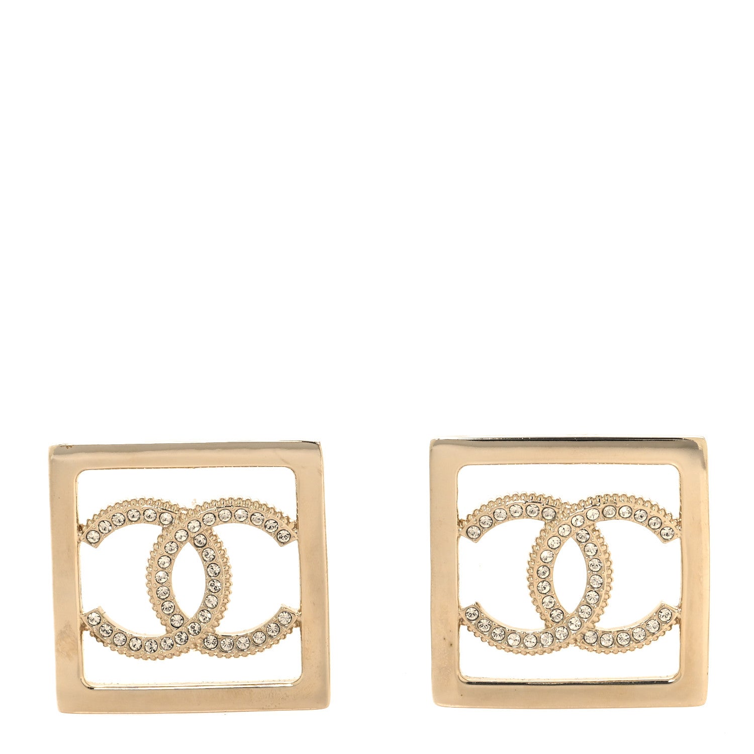 Chanel Metal Crystal Square CC Earrings Gold 1 of 5