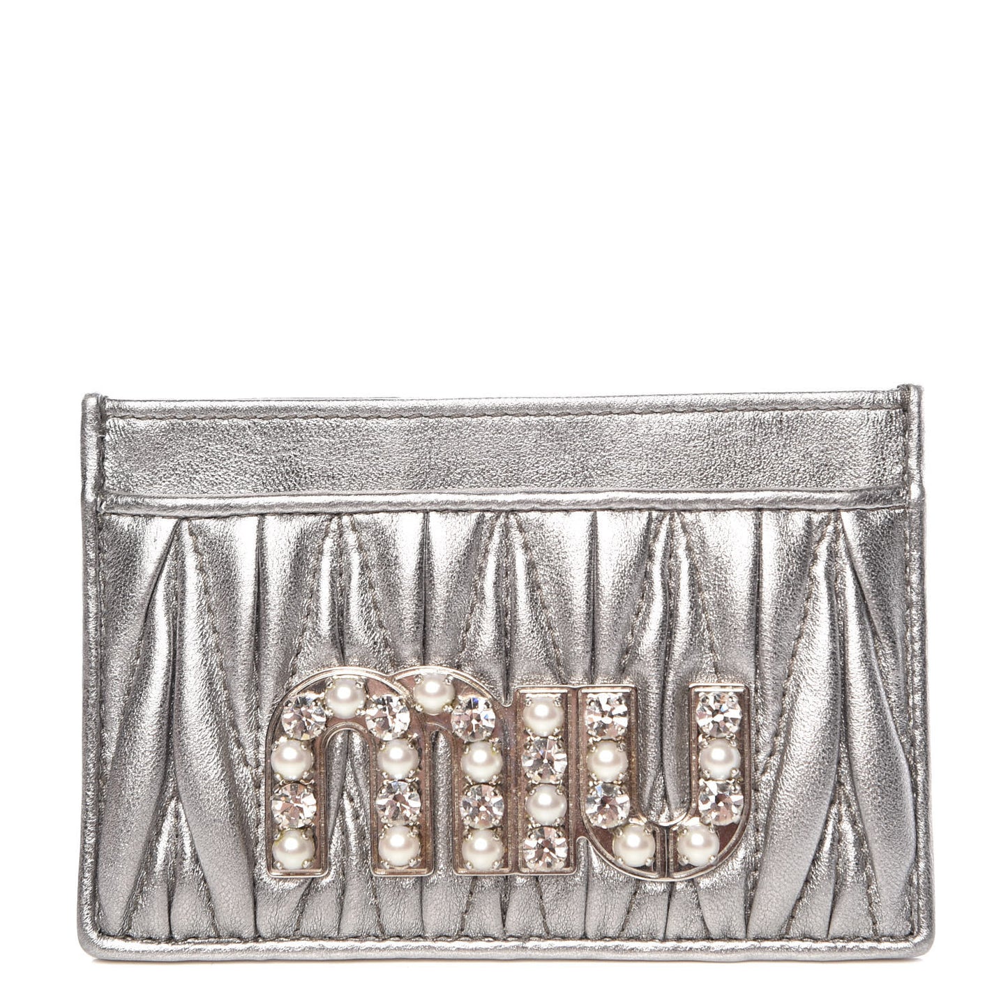 Metallic Goatskin Matelasse Crystal Miu Card Case Cromo