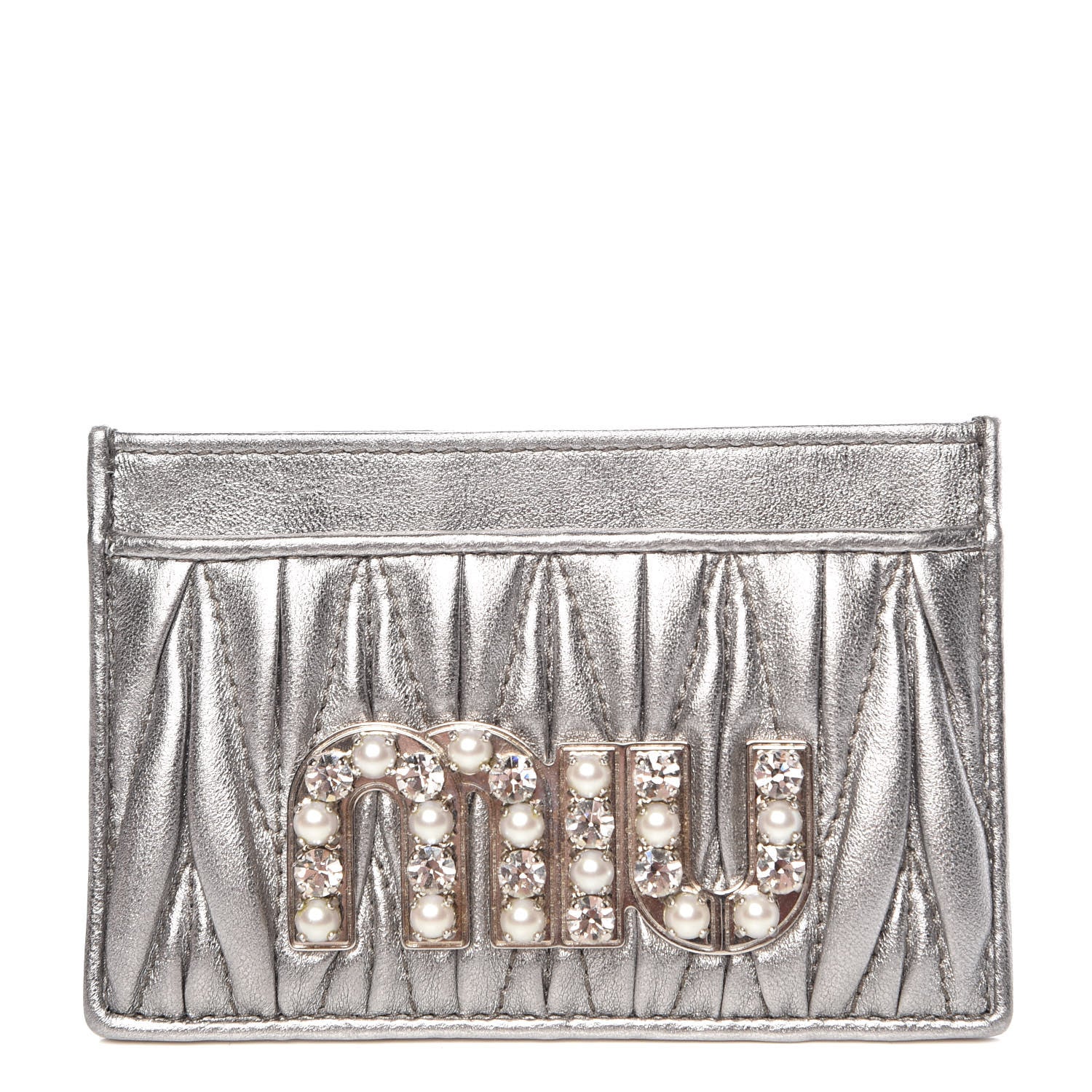 Miu Miu Metallic Goatskin Matelasse Crystal Miu Card Case Cromo 1 of 9