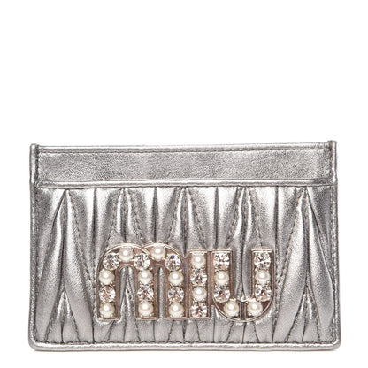 Miu Miu Metallic Goatskin Matelasse Crystal Miu Card Case Cromo 1 of 9