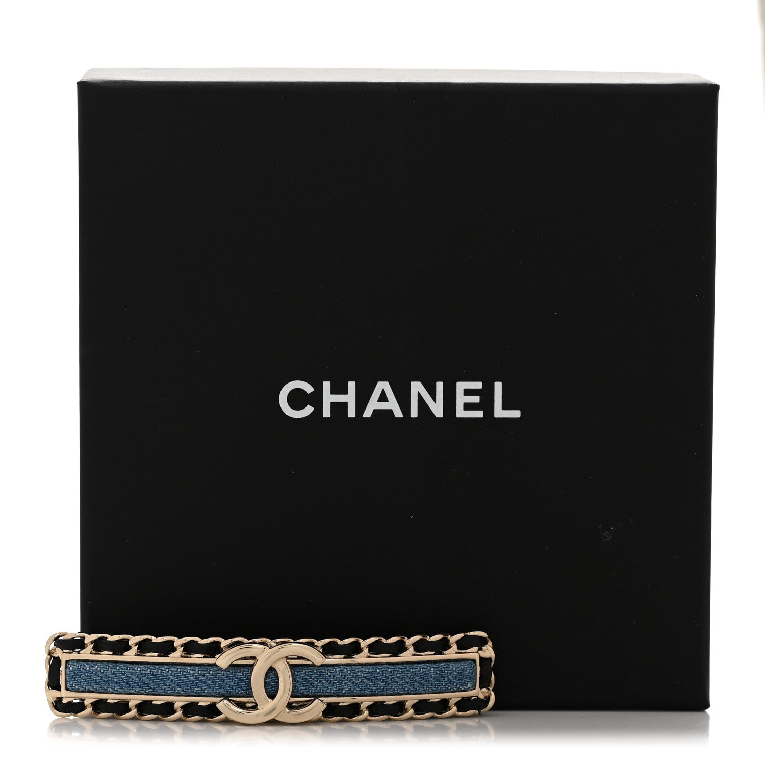 Chanel Metal Denim CC Hair Clip Barrette Blue Gold 5 of 5