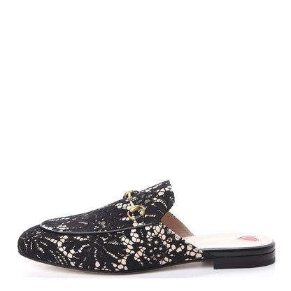 Gucci Lace Malaga Kid Womens Princetown Slippers 40 Black Skin Rose 1 of 7