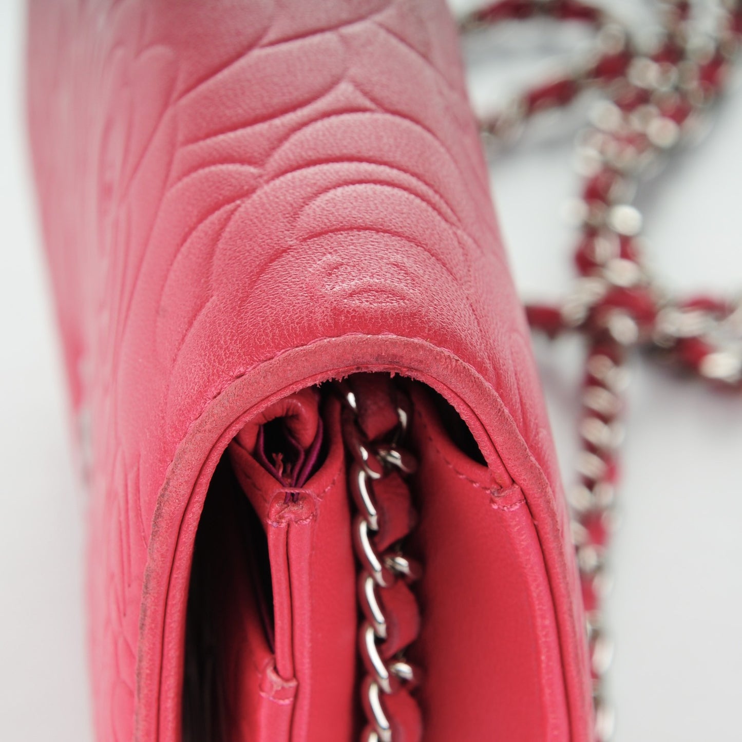 Lambskin Camellia Embossed Wallet on Chain WOC Pink