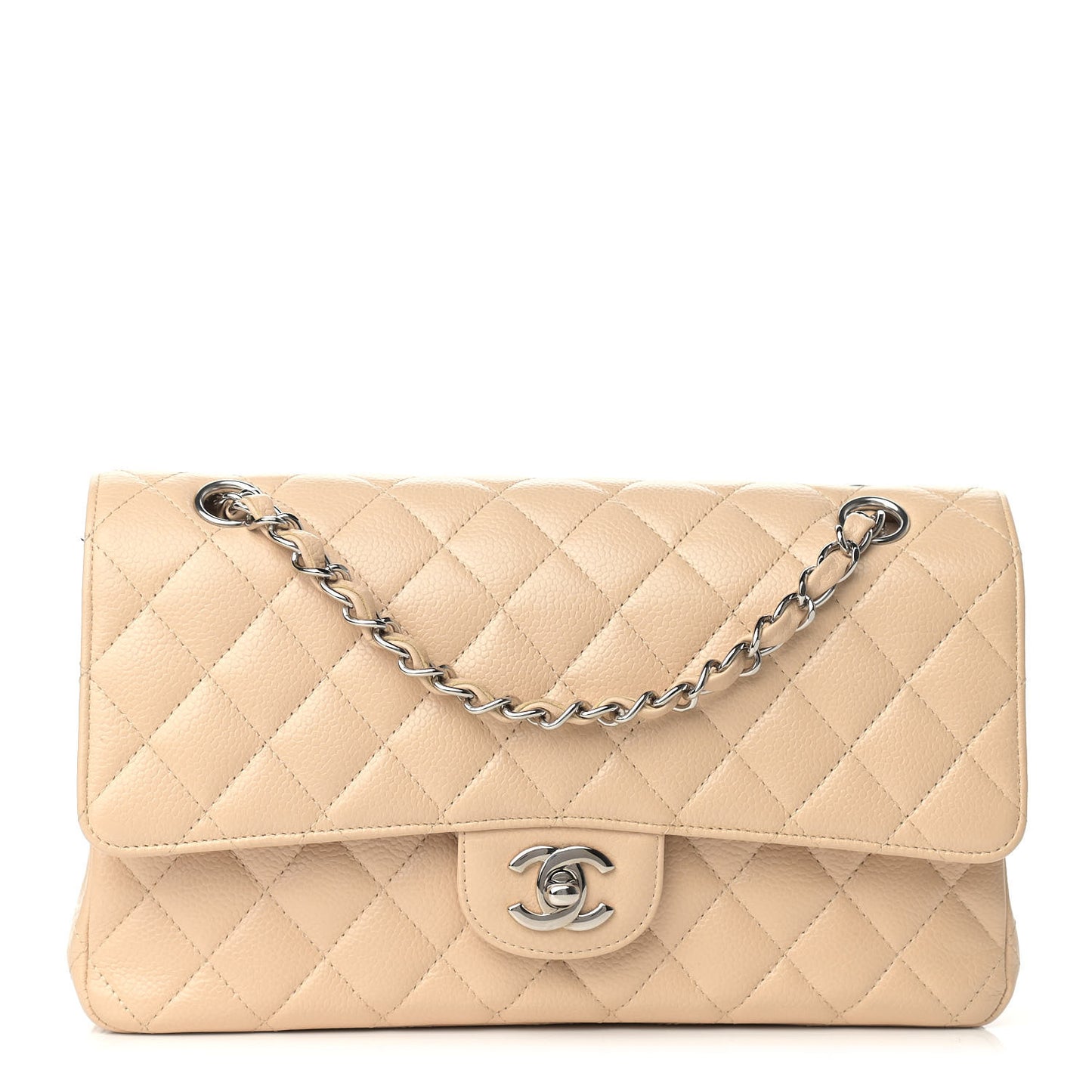 Caviar Quilted Medium Double Flap Beige