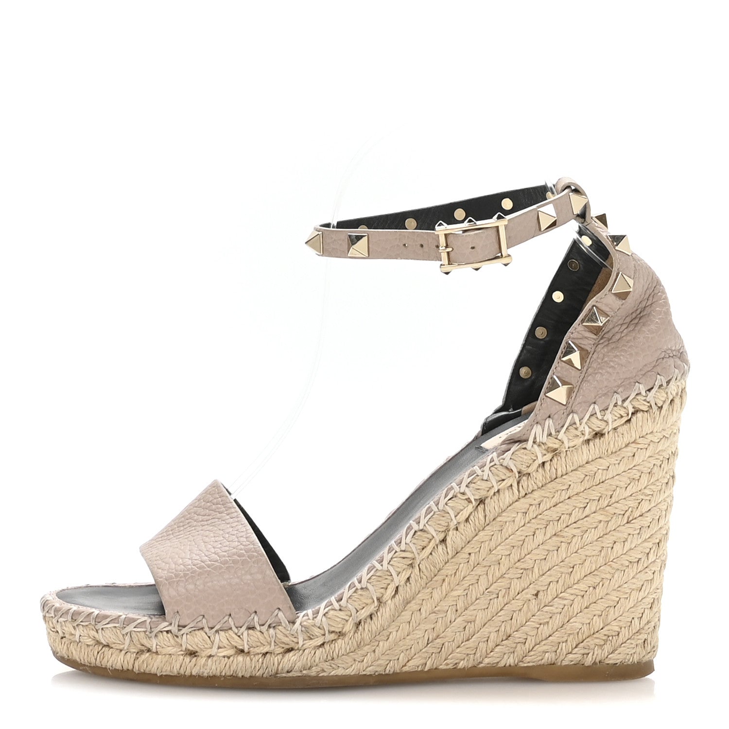 Valentino Garavani Grained Calfskin Rockstud Ankle Strap Espadrille 15/105mm Wedge Sandals 38 Rose Quartz Natural 2 of 16
