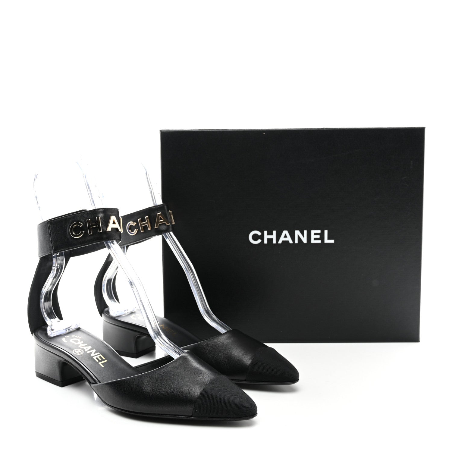 Chanel Lambskin Grosgrain Cap Toe Logo Ankle Strap Pumps 37 Black 9 of 9