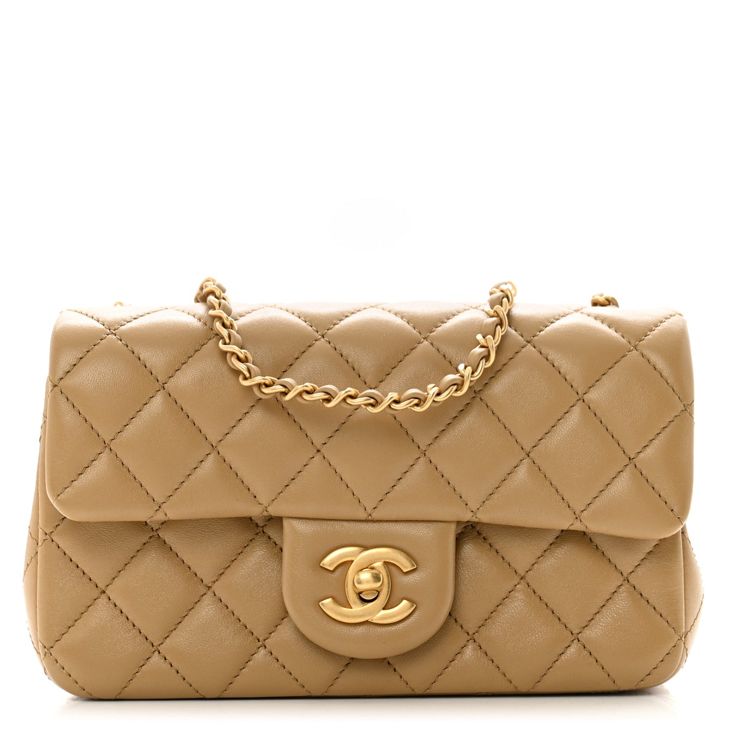 Lambskin Quilted Mini Rectangular Pearl Crush Flap Dark Beige