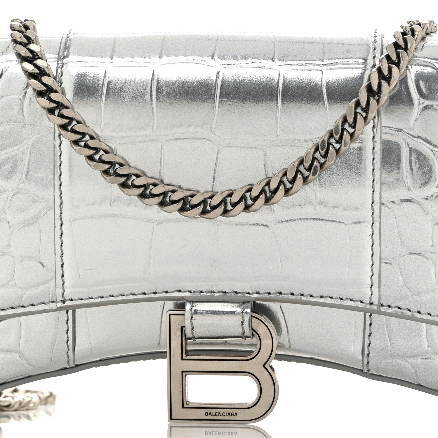 Balenciaga Metallic Calfskin Crocodile Embossed Hourglass Chain Bag Silver 7 of 10