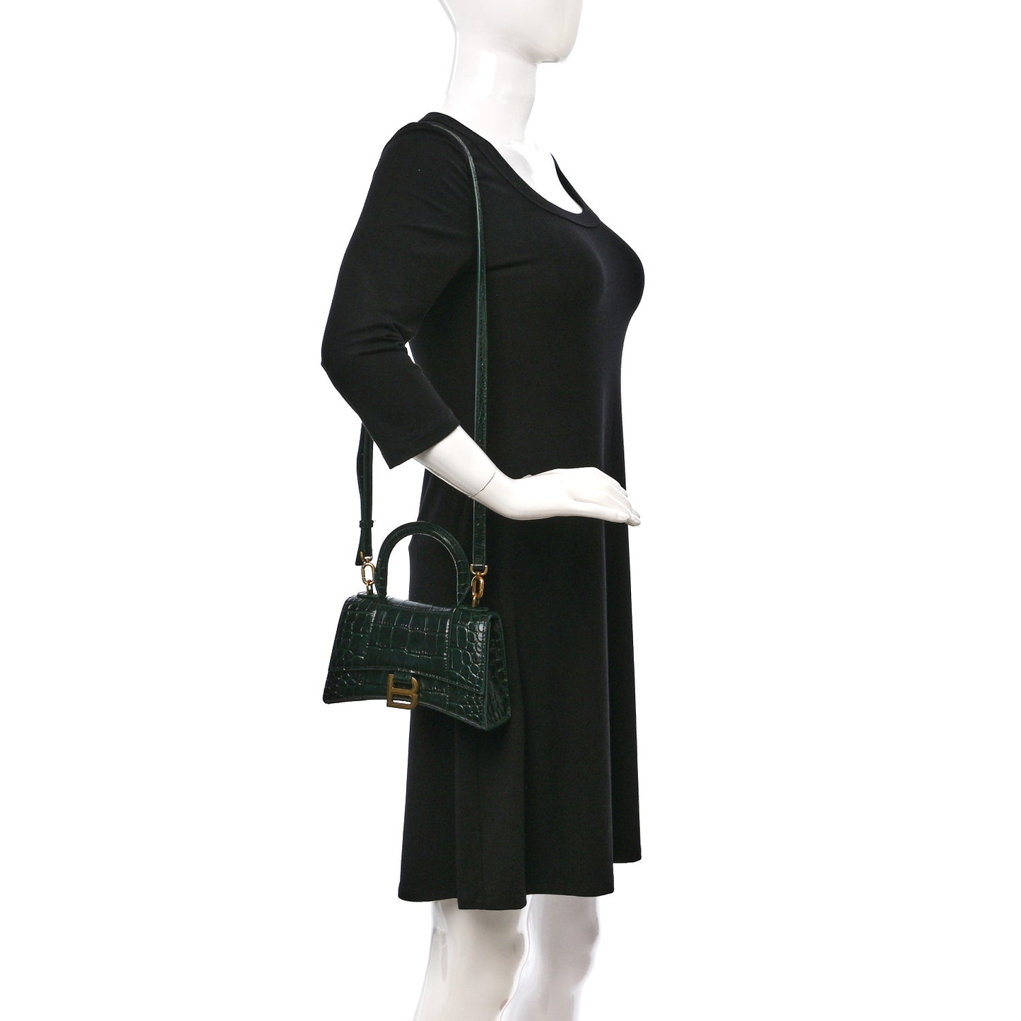 Shiny Calfskin Crocodile Embossed Hourglass Top Handle Bag XS Forest Green