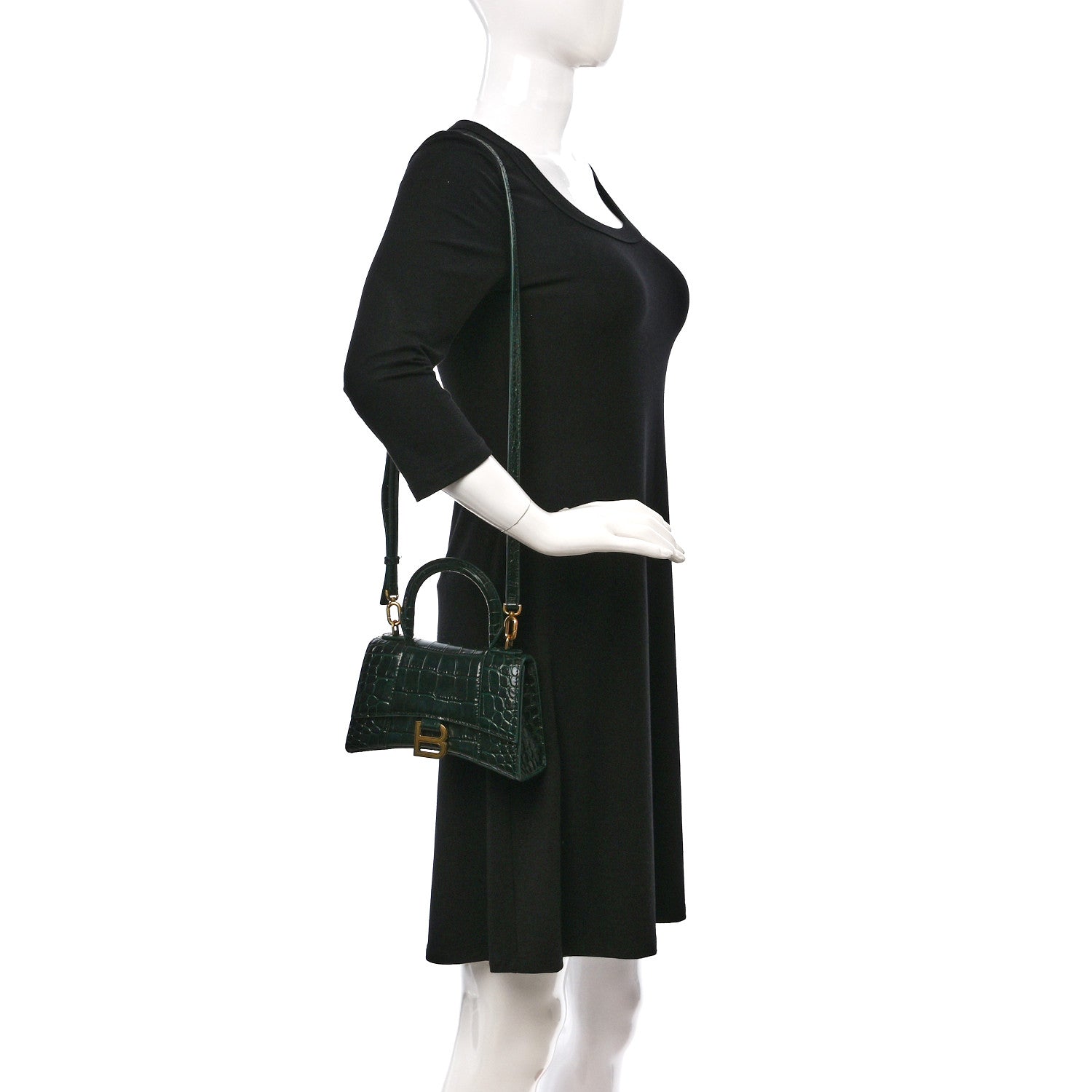 Balenciaga Shiny Calfskin Crocodile Embossed Hourglass Top Handle Bag XS Forest Green 2 of 11