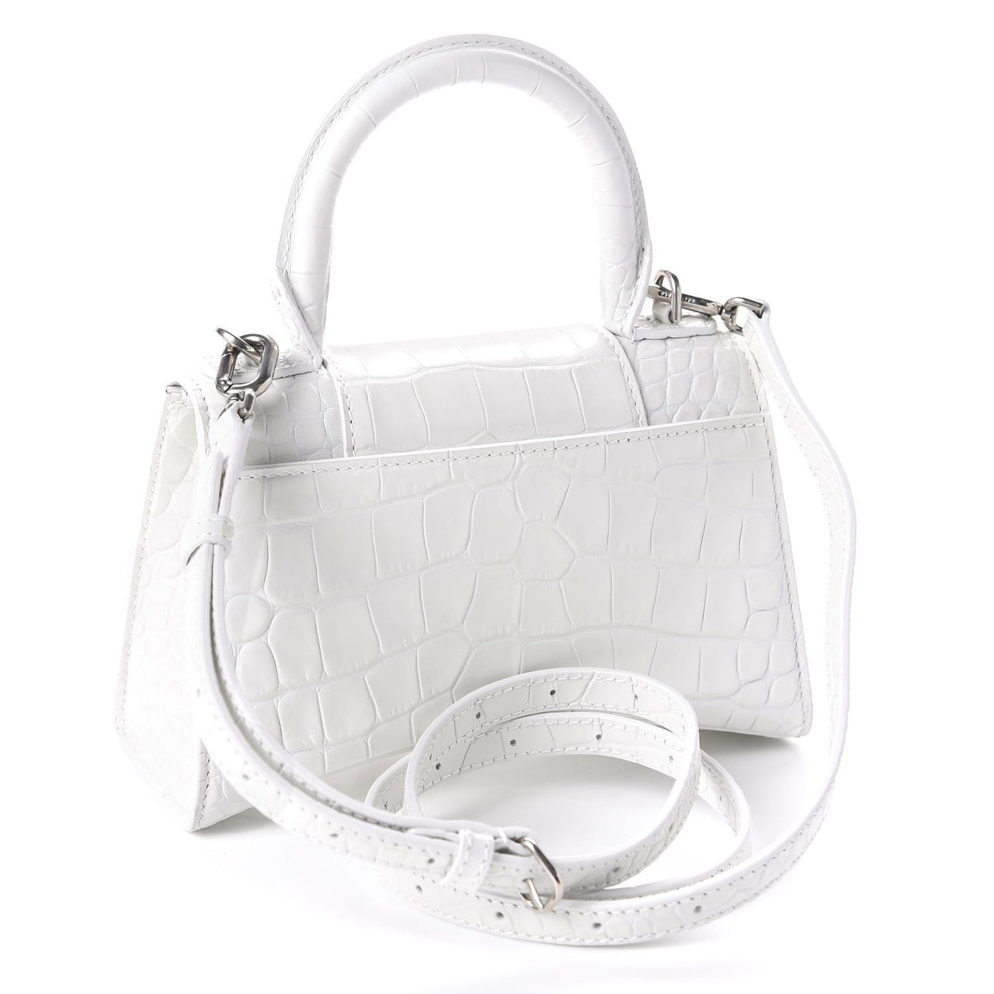 Shiny Calfskin Crocodile Embossed Hourglass Top Handle Bag XS White