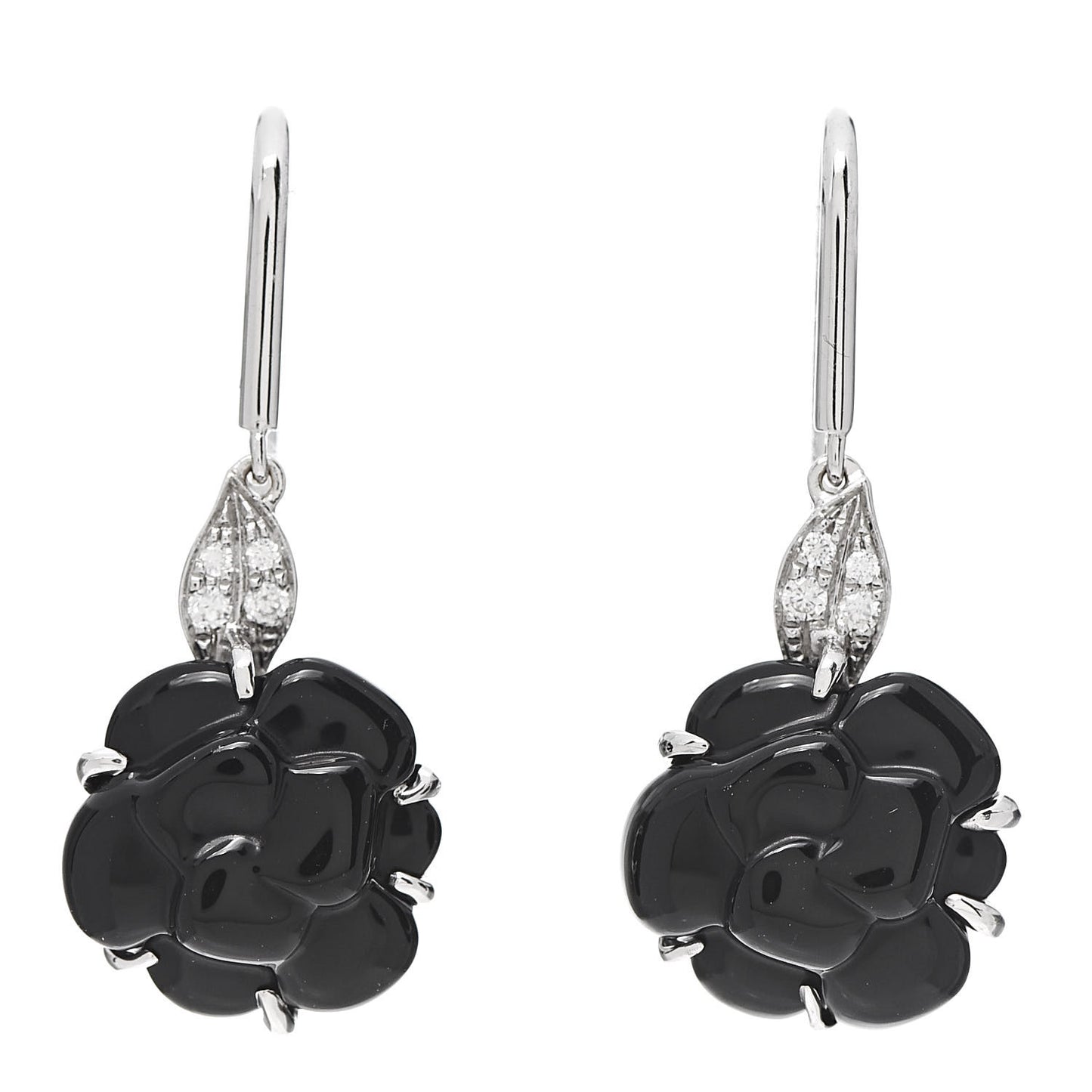 18K White Gold Diamond Black Onyx Camelia Sculpte Drop Earrings