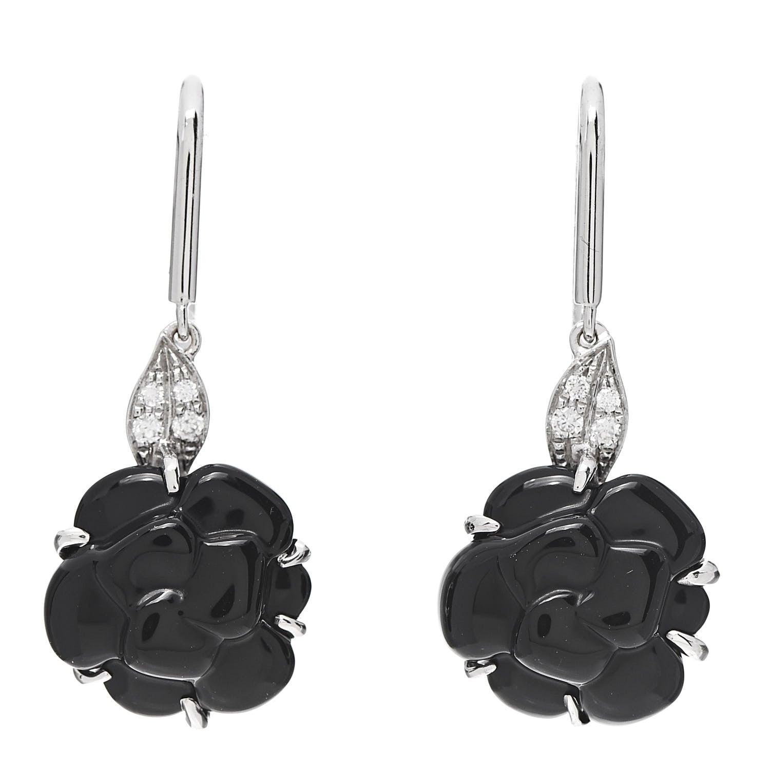Chanel 18K White Gold Diamond Black Onyx Camelia Sculpte Drop Earrings 1 of 4