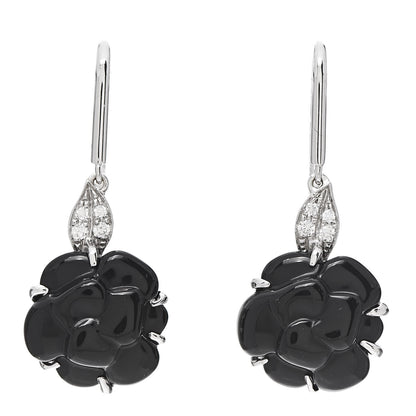 Chanel 18K White Gold Diamond Black Onyx Camelia Sculpte Drop Earrings 1 of 4