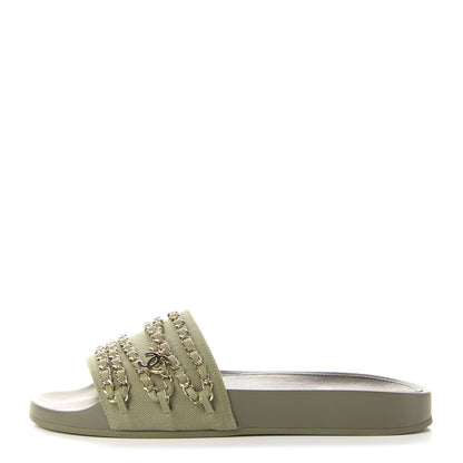 Chanel Canvas Chain Flat Sandals 40 Khaki 1 of 9