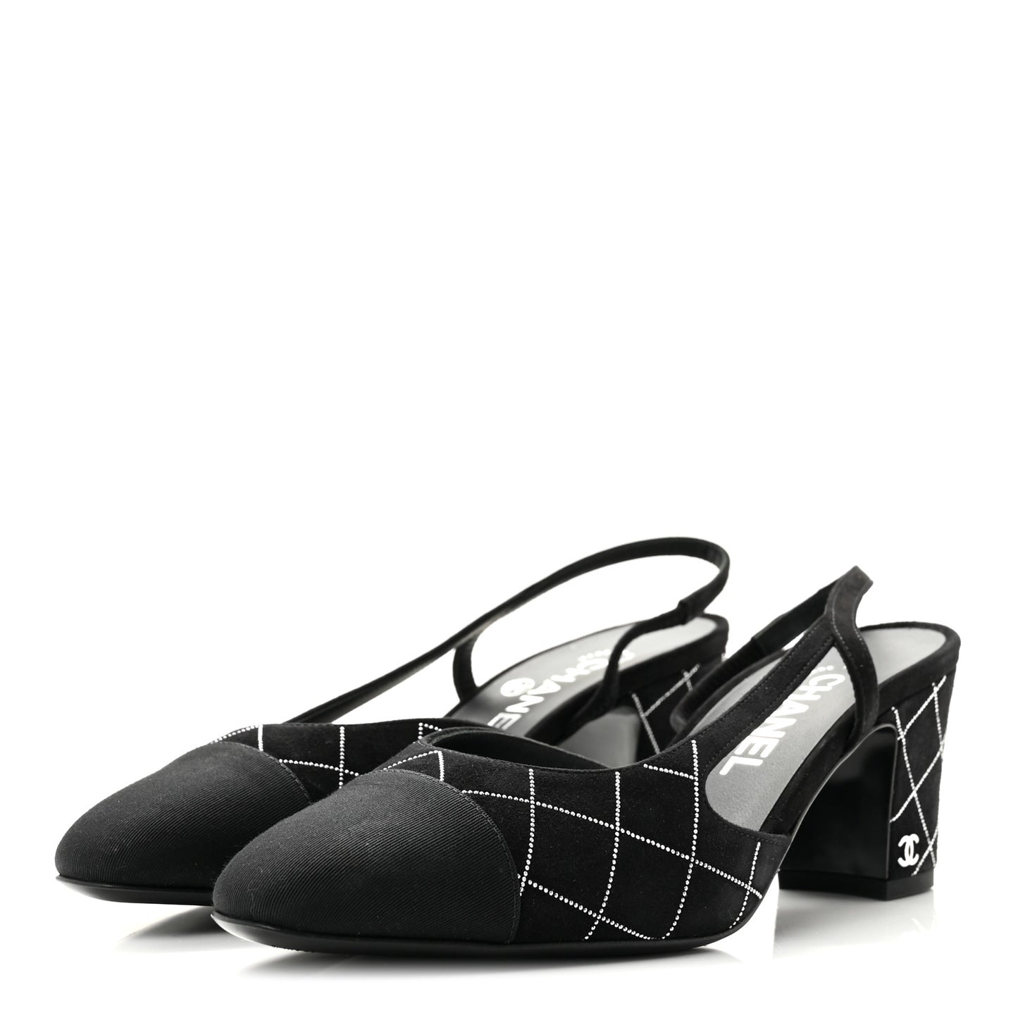 Suede Crystal Grosgrain Cap Toe CC Slingback Pumps 38 Black Silver