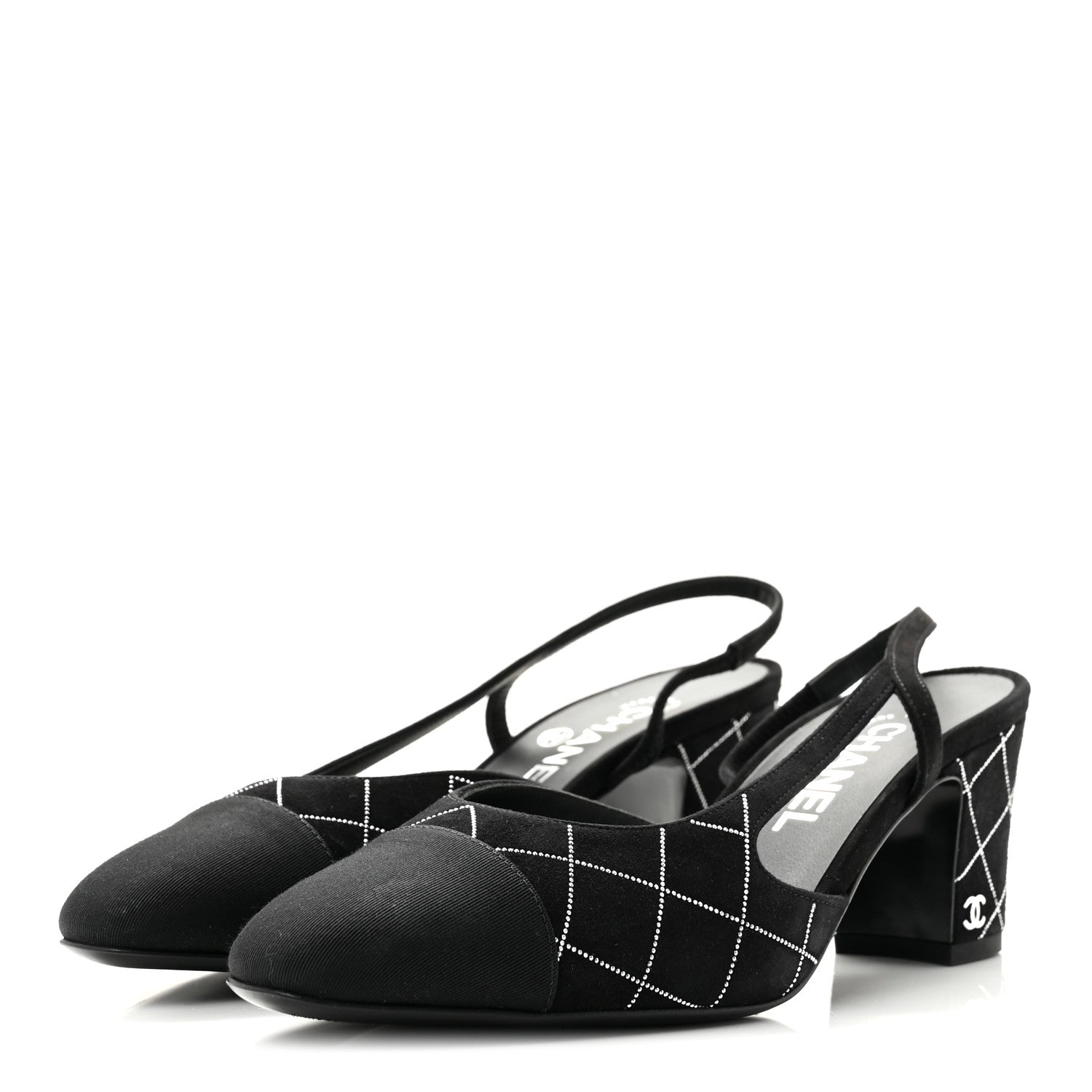 Chanel Suede Crystal Grosgrain Cap Toe CC Slingback Pumps 38 Black Silver 4 of 10