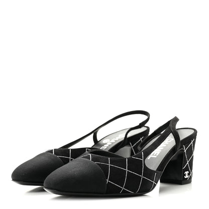 Chanel Suede Crystal Grosgrain Cap Toe CC Slingback Pumps 38 Black Silver 4 of 10