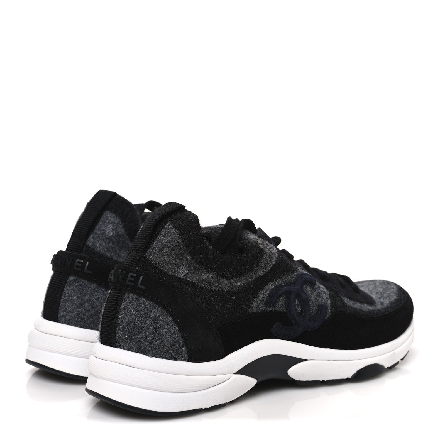 Chanel Knit Fabric Suede Calfskin Womens CC Sneakers 39 Black Grey 5 of 10