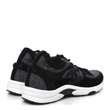 Chanel Knit Fabric Suede Calfskin Womens CC Sneakers 39 Black Grey 5 of 10