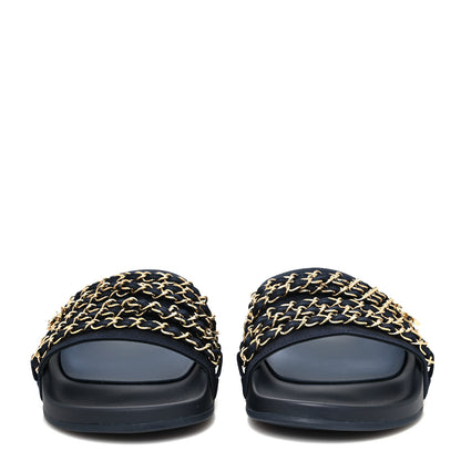 Chanel Satin Canvas Chain Slides Sandals Flats 41 Marine 2 of 8