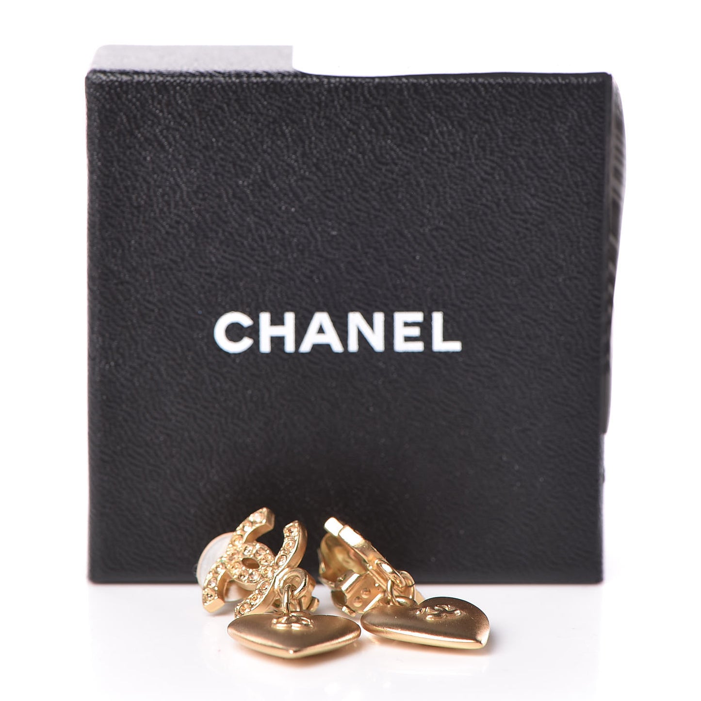 Crystal Heart CC Drop Clip On Earrings Gold
