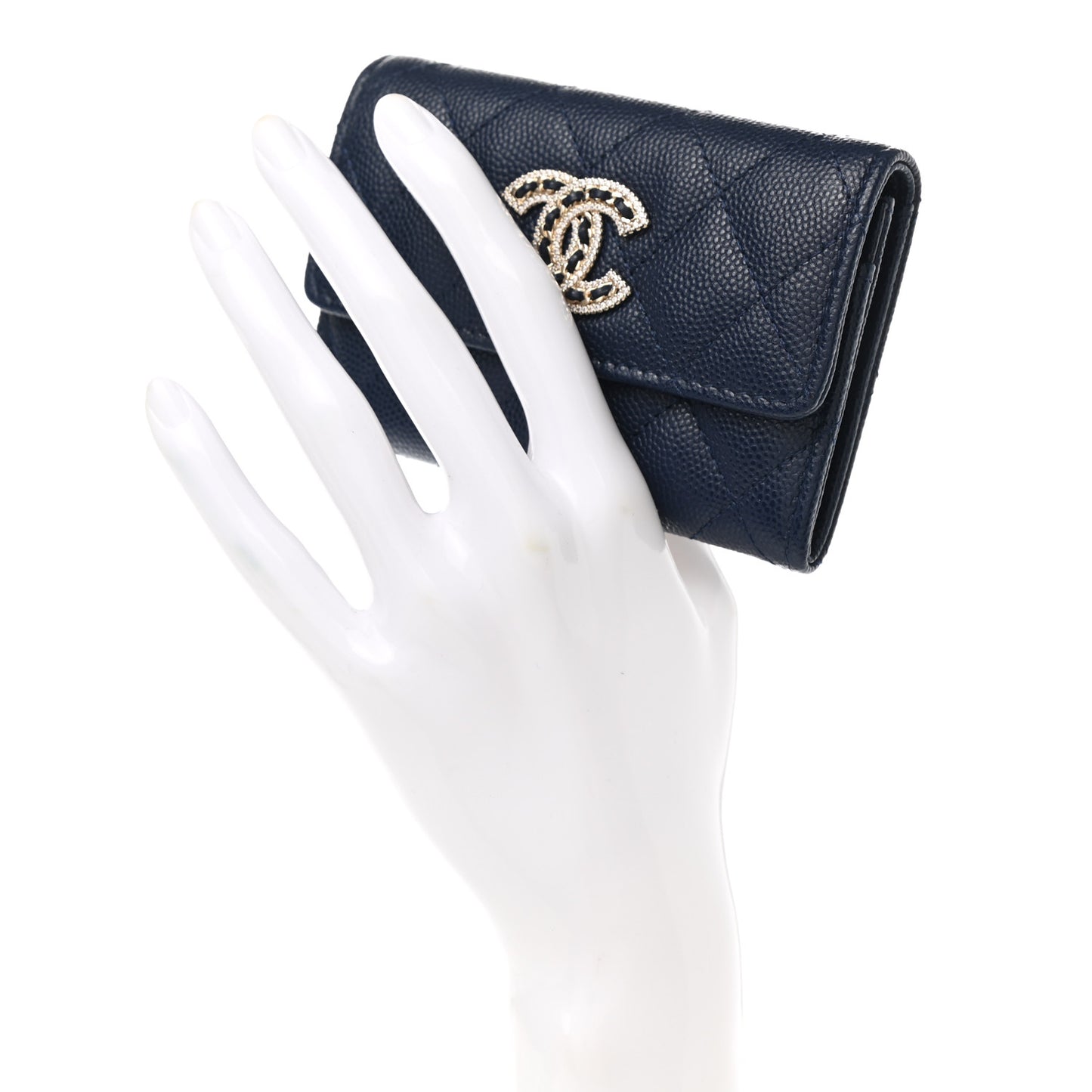 Caviar Quilted Crystal CC Flap Card Holder Navy Blue