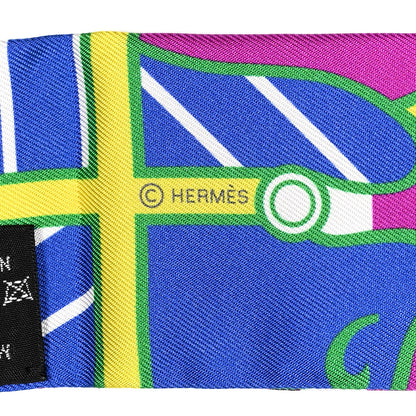 Hermes Silk Quadrige Bayadere Fringed Twilly Fuchsia Bleu Jaune 4 of 5