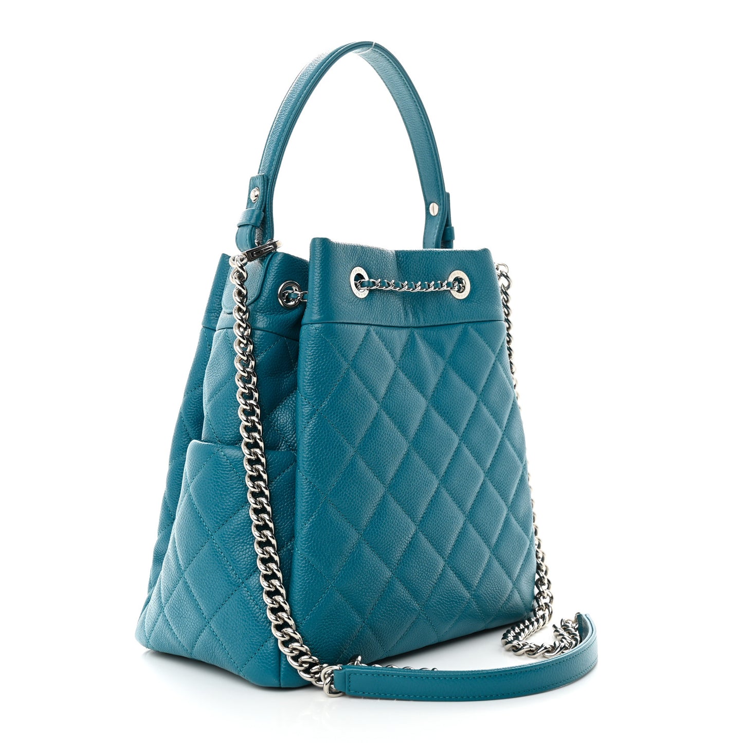 Caviar Flat Quilted CC Chain Bucket Drawstring Bag Blue