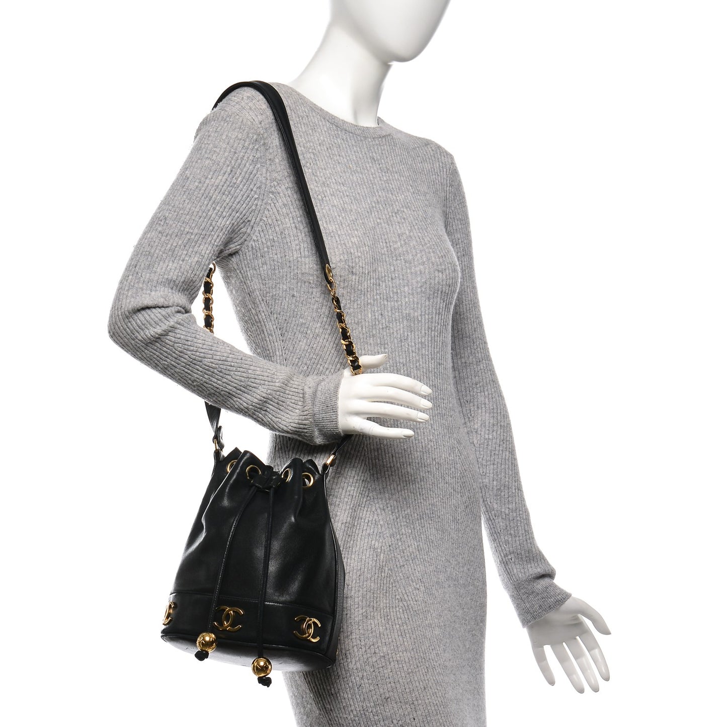 Lambskin CC Drawstring Shoulder Bag Black