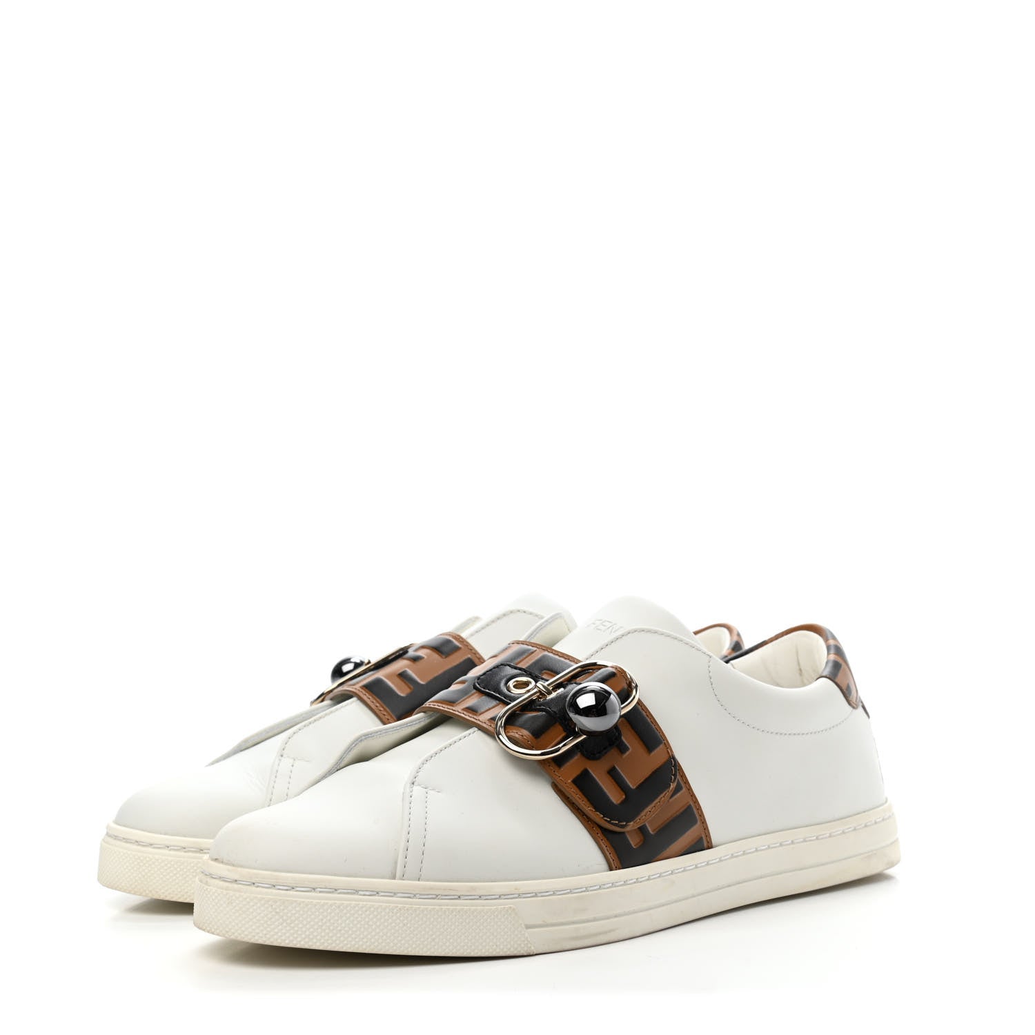 Fendi Vitello FF Embossed Pearland Slip On Sneakers 40 White Tobacco Moro 3 of 4