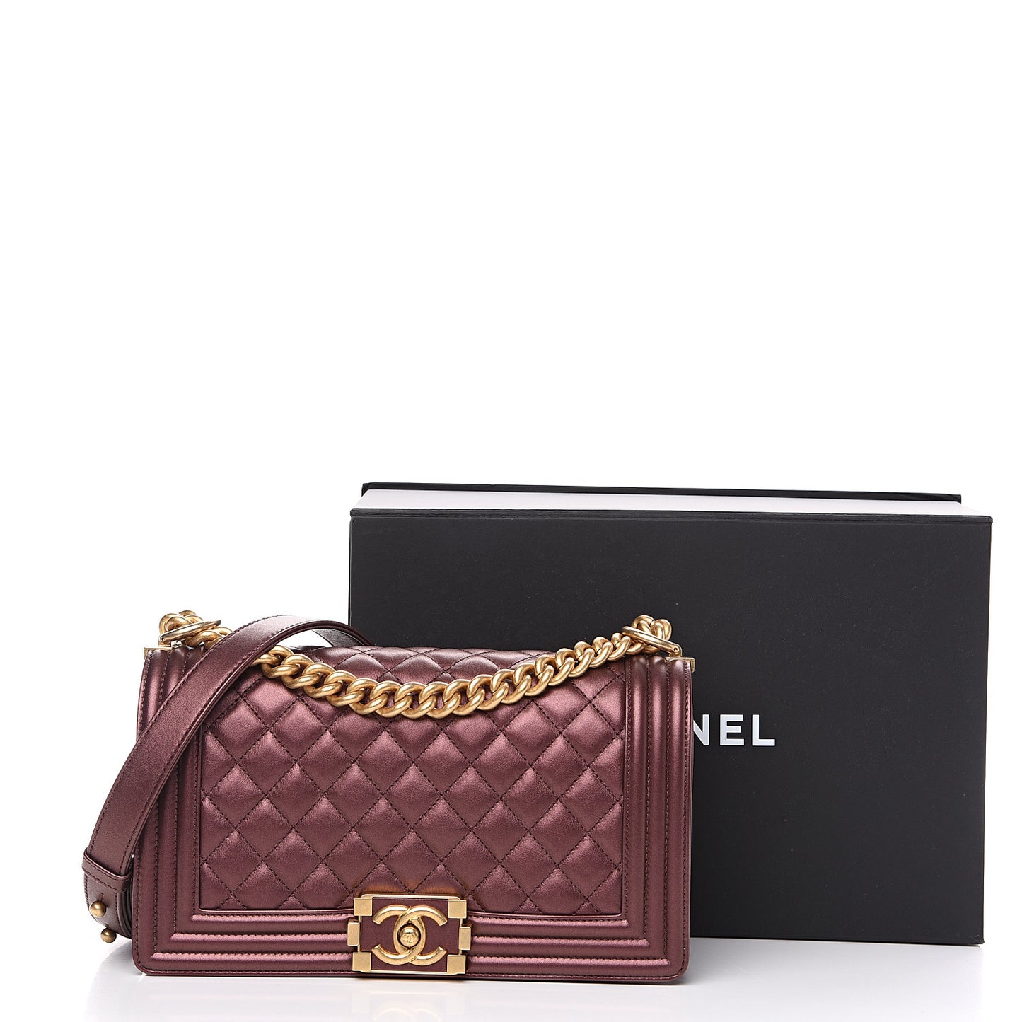 Metallic Calfskin Quilted Medium Boy Flap Plum