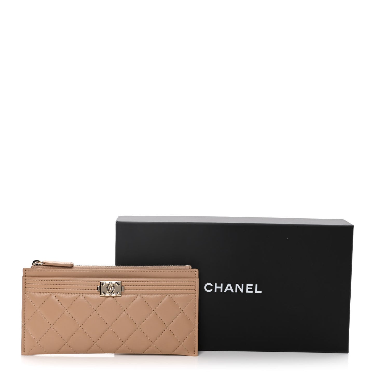 Lambskin Quilted Classic Zip Boy Pouch Beige