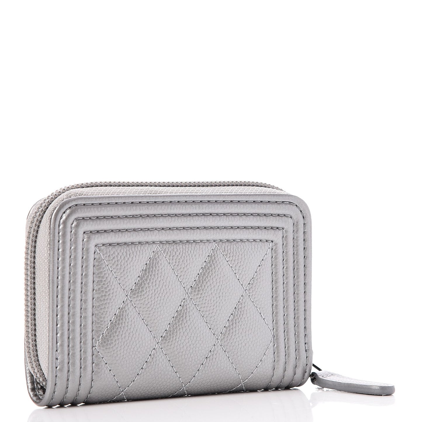 Metallic Caviar Quilted Boy Zip Around Coin Purse Wallet Silver