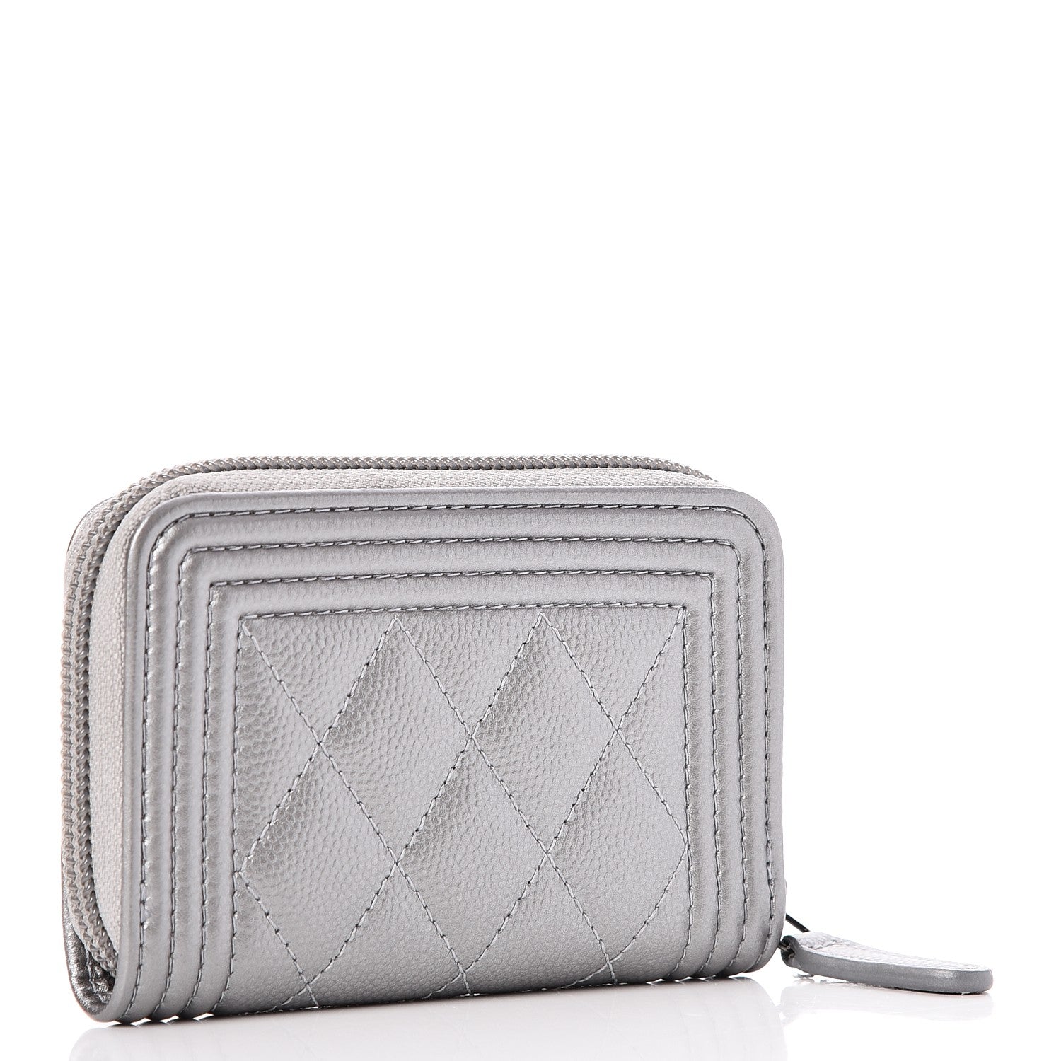 Chanel Metallic Caviar Quilted Boy Zip Around Coin Purse Wallet Silver 3 of 7